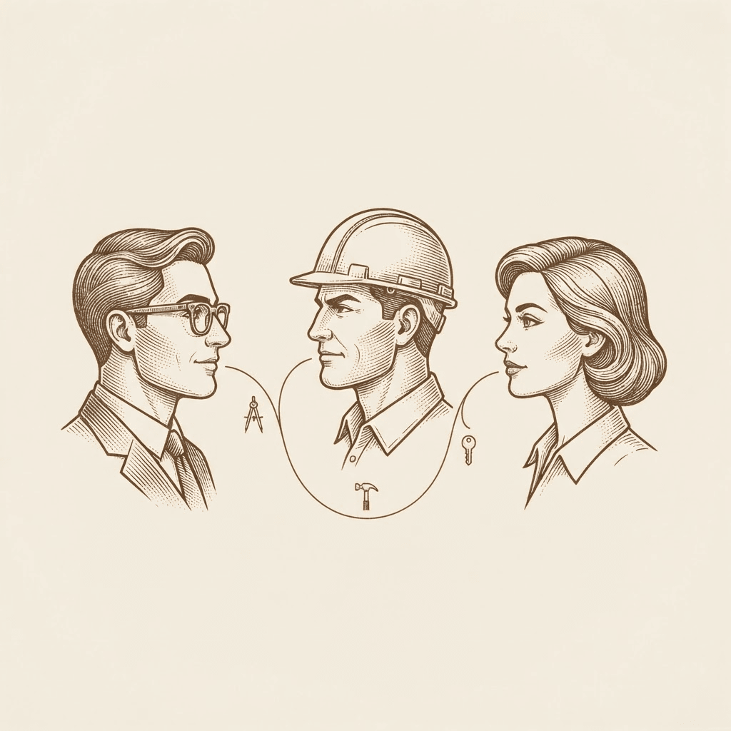 Etched illustration of three profiles in conversation