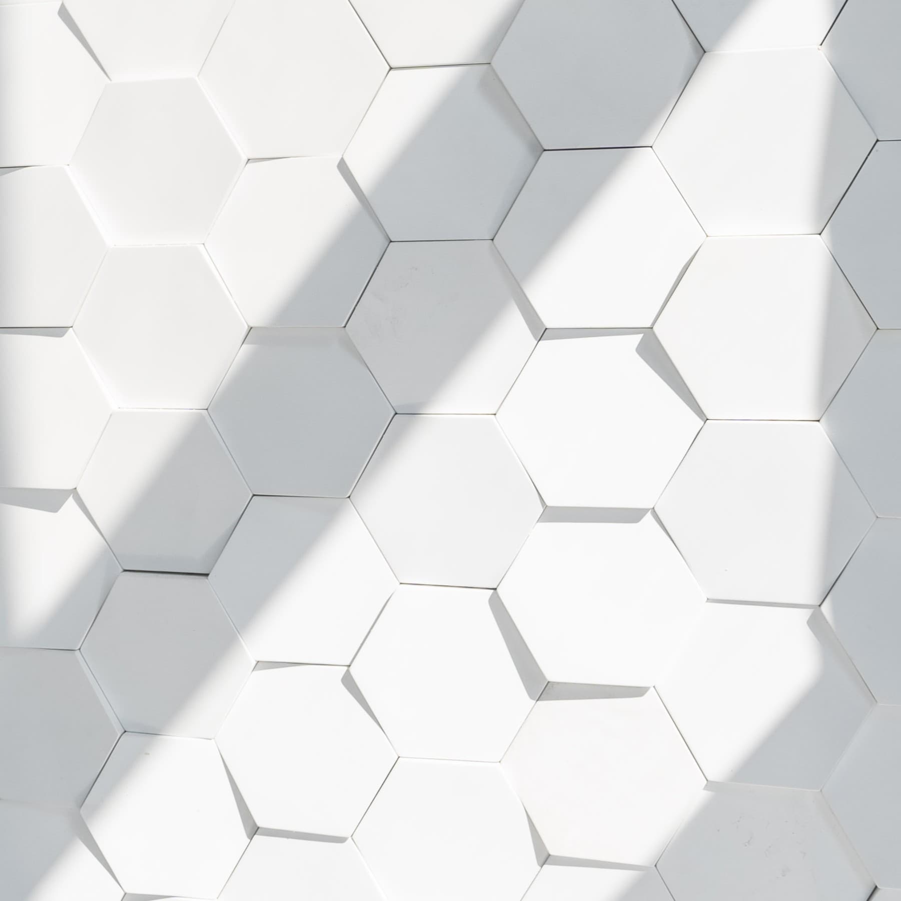 White three-dimensional hexagonal wall tiles under raking light